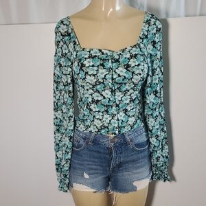 NWT Women’s & Other Stories square neck puff sleeve blouse green floral Size 0